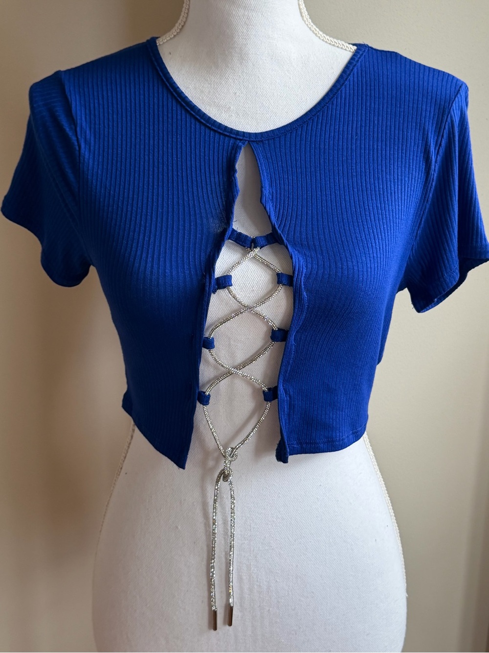 Royal Blue Ribbed Lace-Up Crop Top
